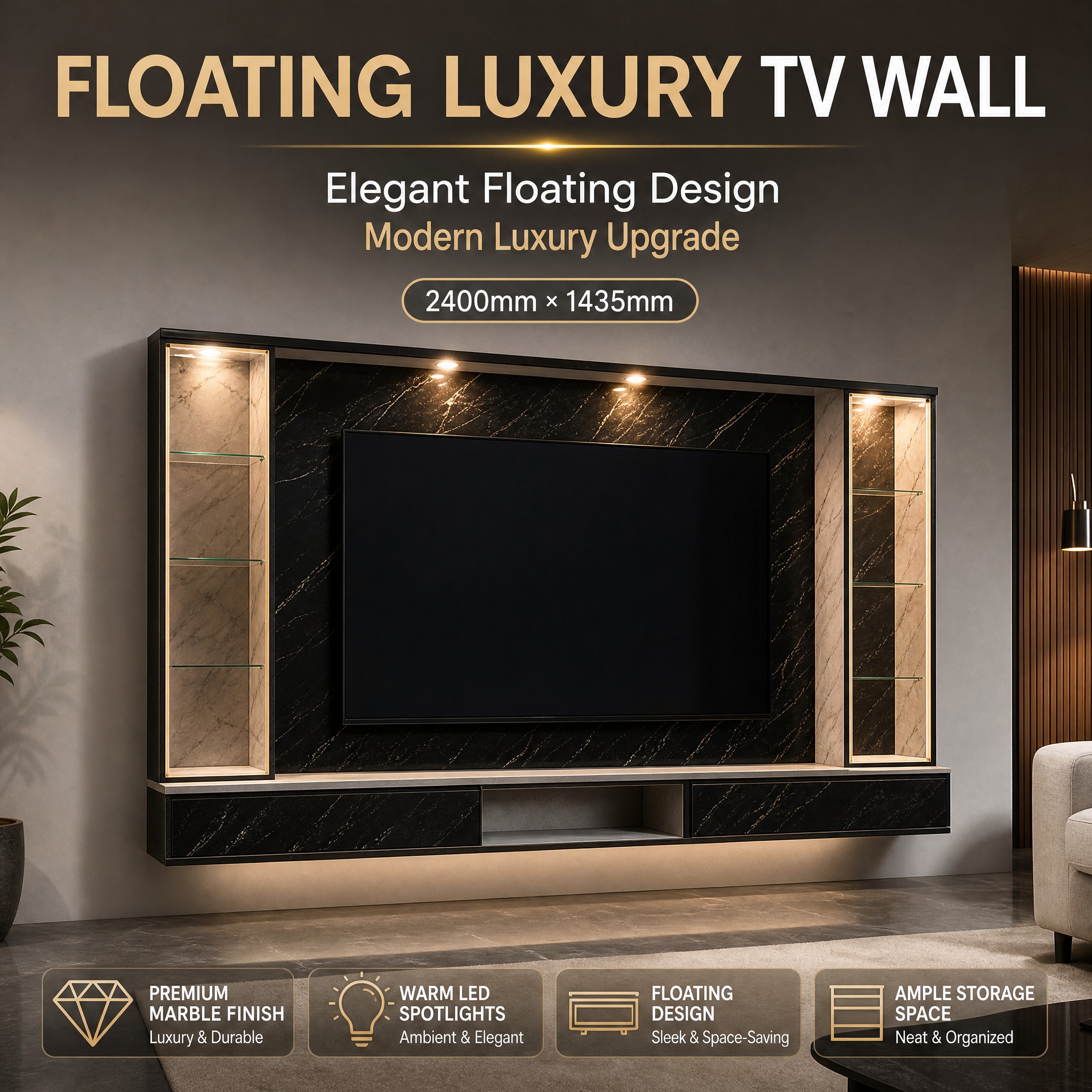 EE LIFE DESIGN 8FT FLOATING TV WALL CABINET / 8FT WALL KABINET / FREE INSTALLATION - Image 2